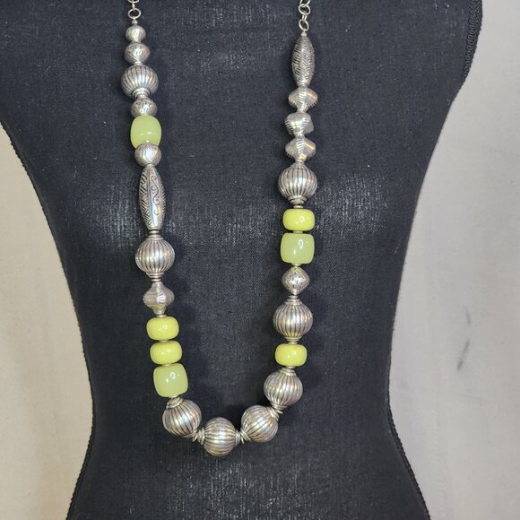 Chico's Vintage Chunky Lime and Silver Tone Beaded 39" Necklace with 5" Extender - Picture 3 of 16